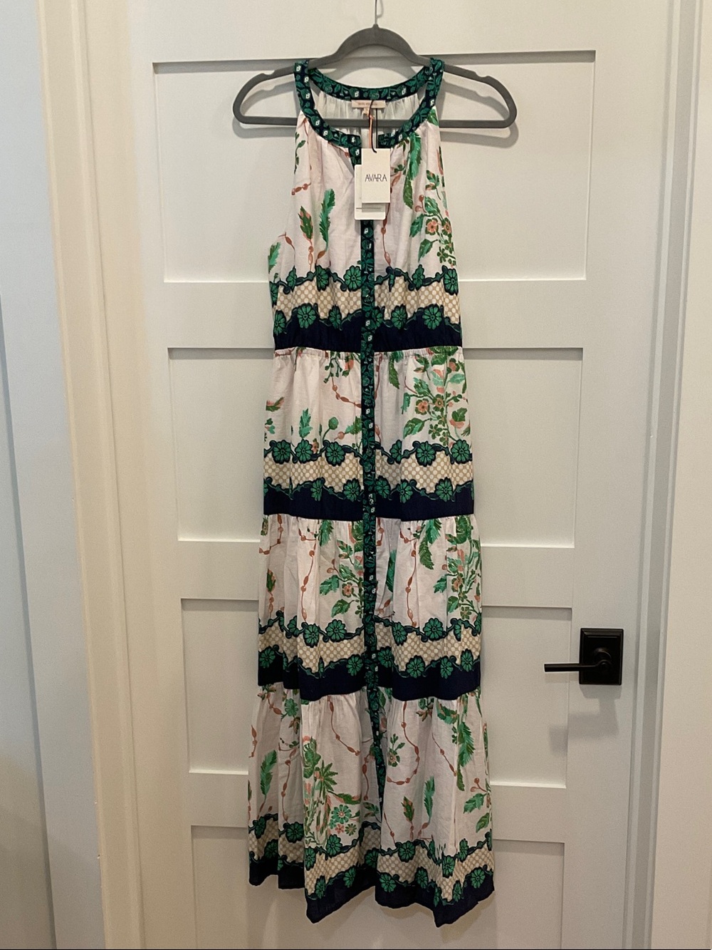 Akris White Maxi Dress with Green & Navy Floral Trim